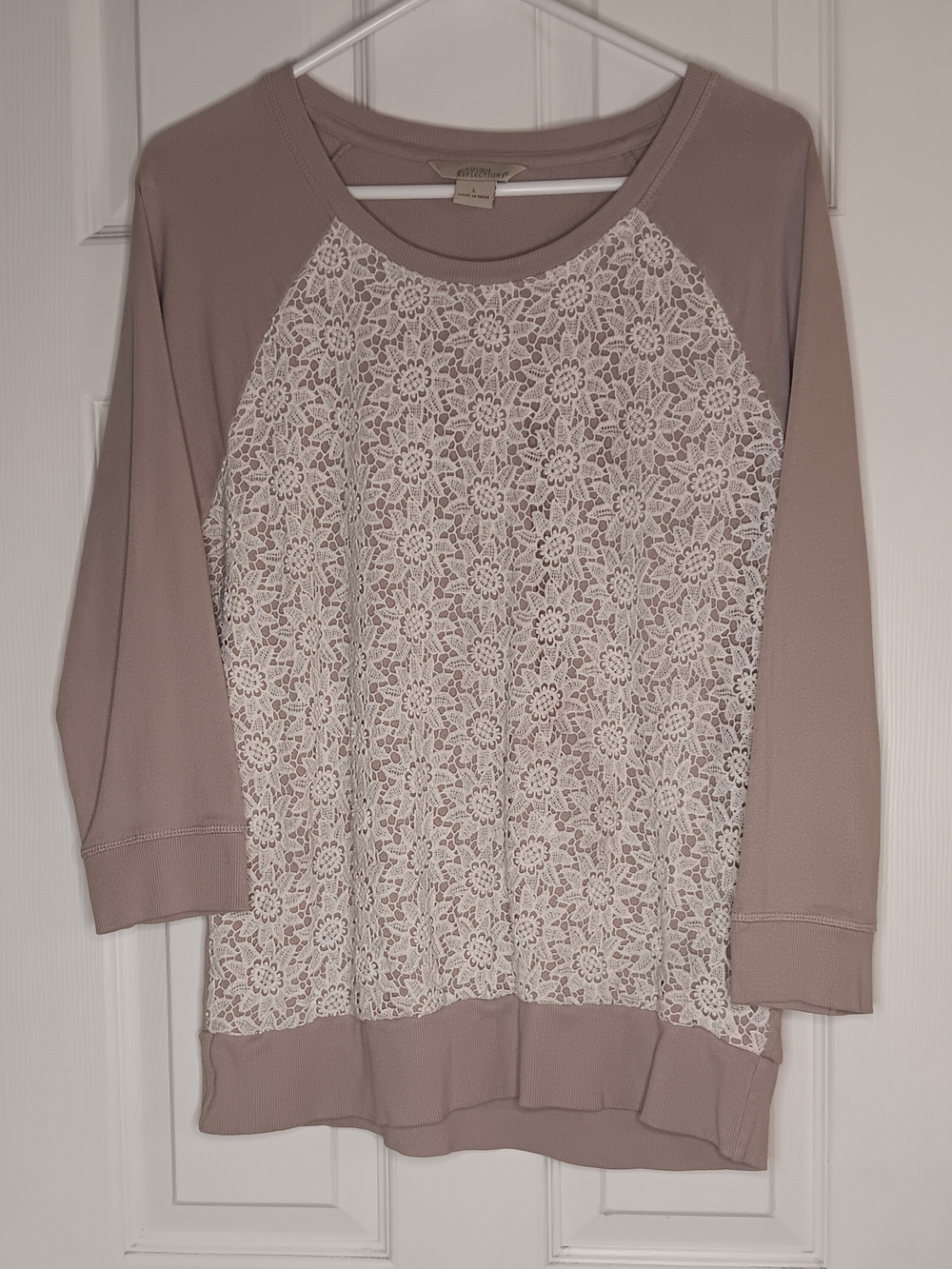 Natural Reflections Lace Front Raglan Sweatshirt in Taupe - Daisy Lace